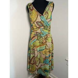 Y2K Abstract Paisley Wrap Dress Earth Tone Boho Midi Dress Size 10